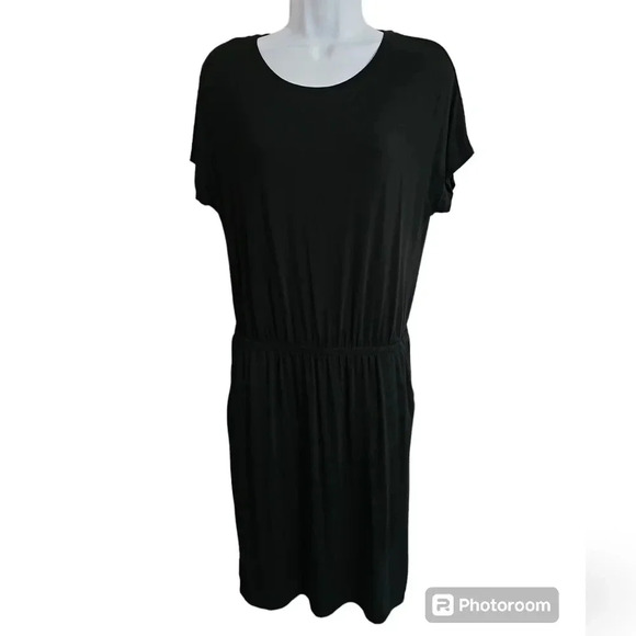 Banana Republic Black Midi Dress Elastic Waist Pockets Minimal Petite SP Classic - Picture 2 of 7